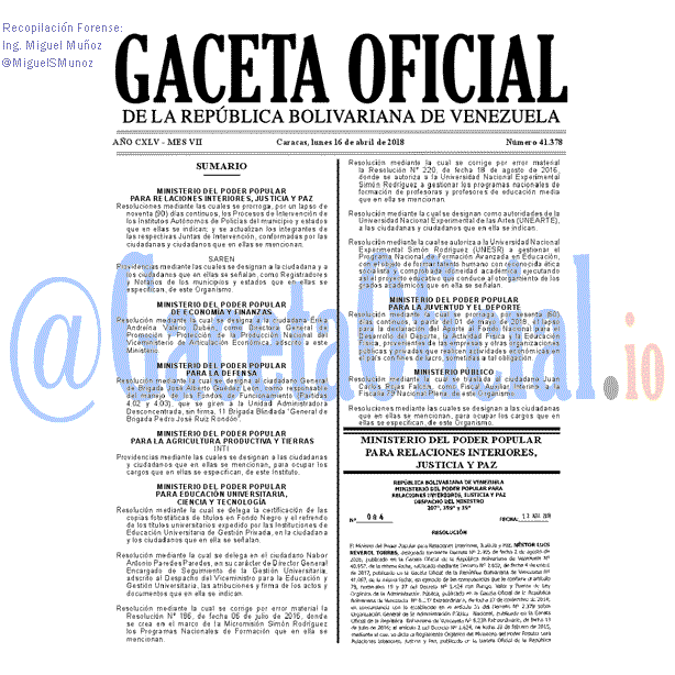Gaceta Oficial 41378 del 16 abril 2018 Gaceta Oficial 41378 del 16 abril 2018