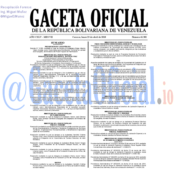 Gaceta Oficial 41382 del 23 abril 2018 Gaceta Oficial 41382 del 23 abril 2018