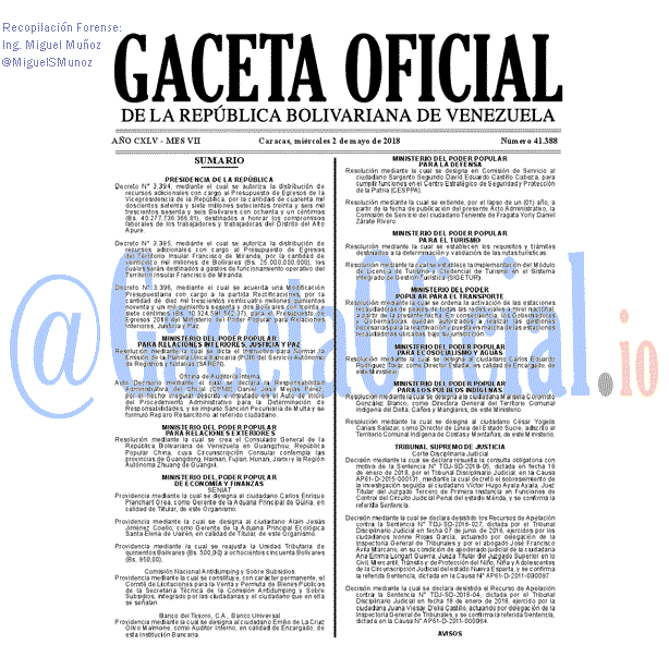 Gaceta Oficial 41388 del 2 mayo 2018 Gaceta Oficial 41388 del 2 mayo 2018
