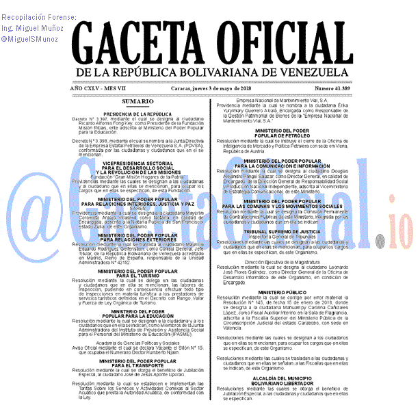 Gaceta Oficial 41389 del 3 mayo 2018 Gaceta Oficial 41389 del 3 mayo 2018