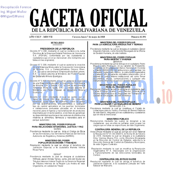 Gaceta Oficial 41391 del 7 mayo 2018 Gaceta Oficial 41391 del 7 mayo 2018