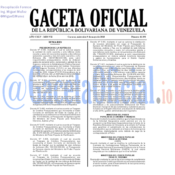 Gaceta Oficial 41393 del 9 mayo 2018 Gaceta Oficial 41393 del 9 mayo 2018