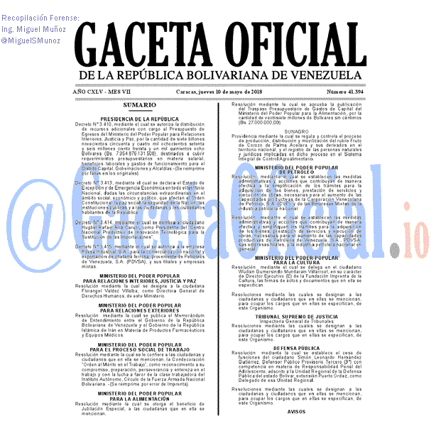 Gaceta Oficial 41394 del 10 mayo 2018 Gaceta Oficial 41394 del 10 mayo 2018