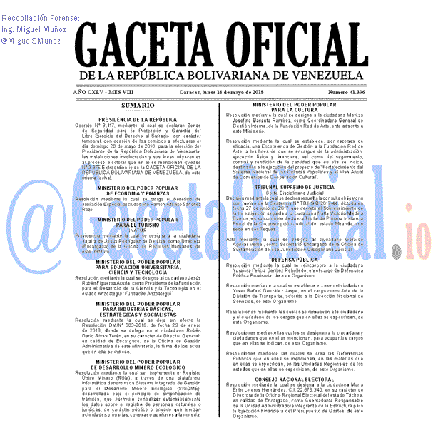 Gaceta Oficial 41396 del 14 mayo 2018 Gaceta Oficial 41396 del 14 mayo 2018