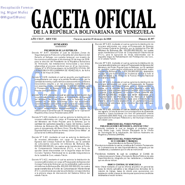 Gaceta Oficial 41397 del 15 mayo 2018 Gaceta Oficial 41397 del 15 mayo 2018