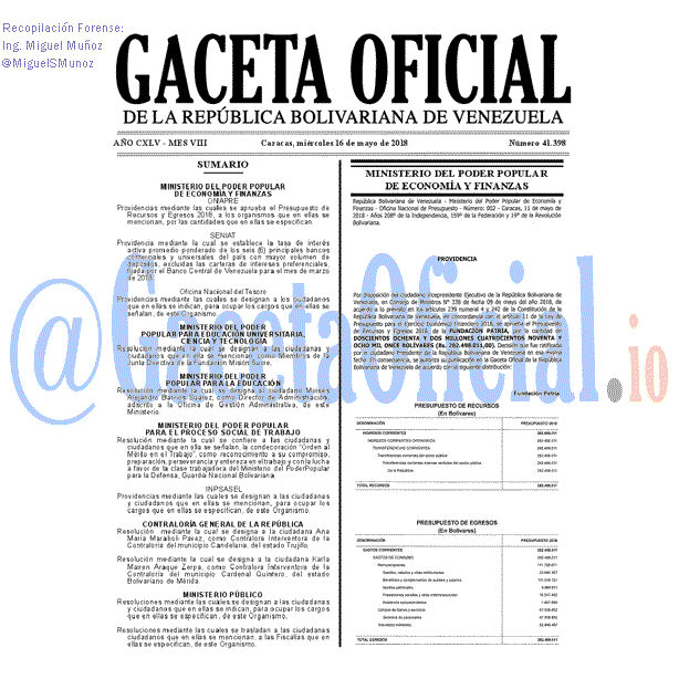Gaceta Oficial 41398 del 16 mayo 2018 Gaceta Oficial 41398 del 16 mayo 2018