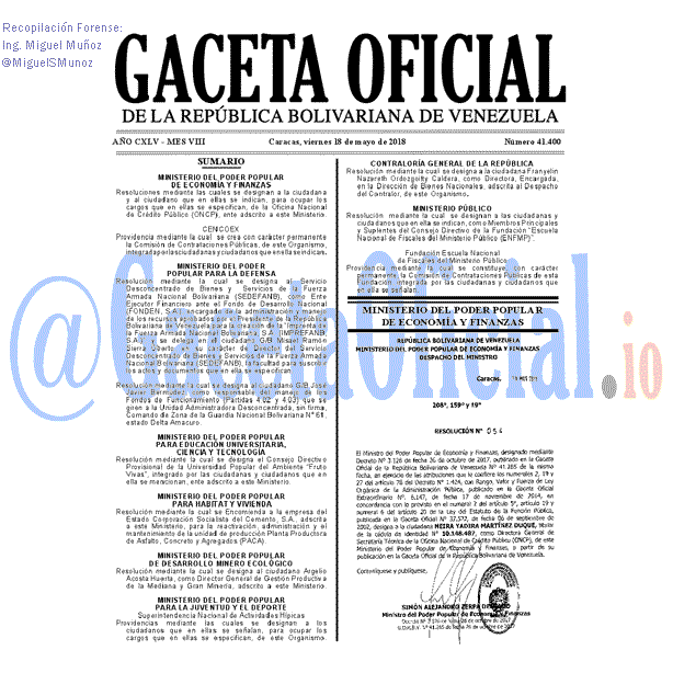 Gaceta Oficial 41400 del 18 mayo 2018 Gaceta Oficial 41400 del 18 mayo 2018