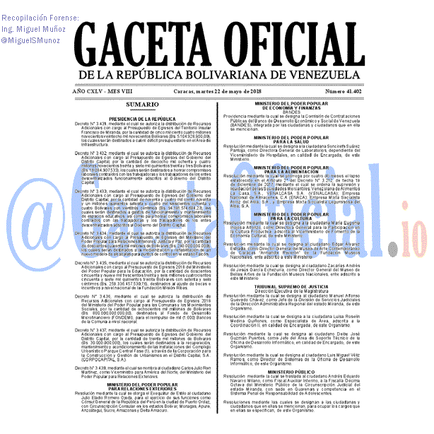 Gaceta Oficial 41402 del 22 mayo 2018 Gaceta Oficial 41402 del 22 mayo 2018