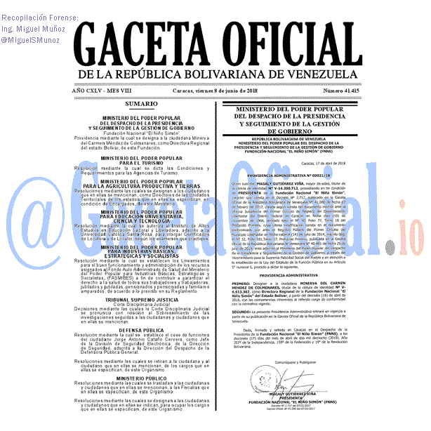 Gaceta Oficial 41415 del 8 junio 2018 Gaceta Oficial 41415 del 8 junio 2018