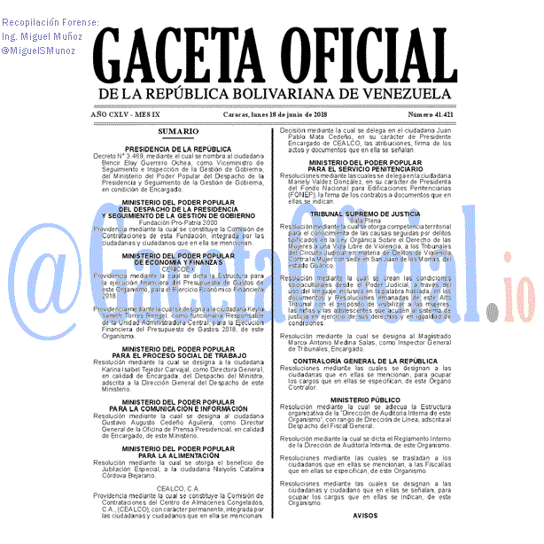 Gaceta Oficial 41421 del 18 junio 2018 Gaceta Oficial 41421 del 18 junio 2018