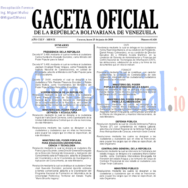 Gaceta Oficial 41426 del 25 junio 2018 Gaceta Oficial 41426 del 25 junio 2018