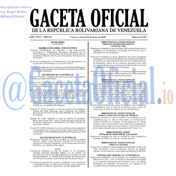 Gaceta Oficial 41427 del 26 junio 2018 Gaceta Oficial 41427 del 26 junio 2018