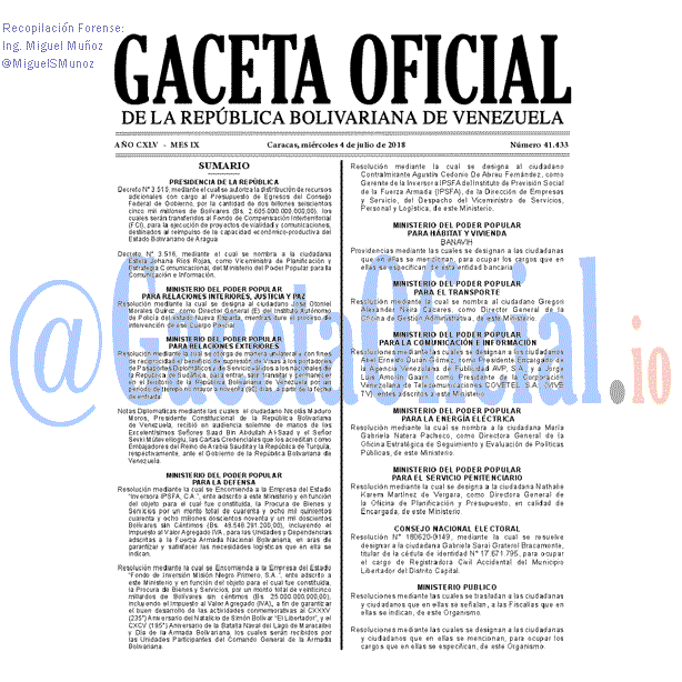 Gaceta Oficial 41433 del 4 julio 2018