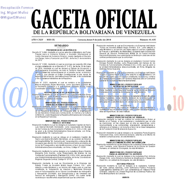 Gaceta Oficial 41435 del 9 julio 2018 Gaceta Oficial 41435 del 9 julio 2018
