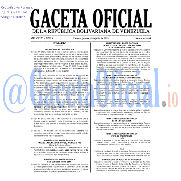 Gaceta Oficial 41438 del 12 julio 2018 Gaceta Oficial 41438 del 12 julio 2018