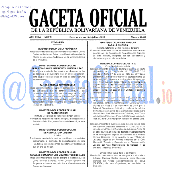 Gaceta Oficial 41439 del 13 julio 2018