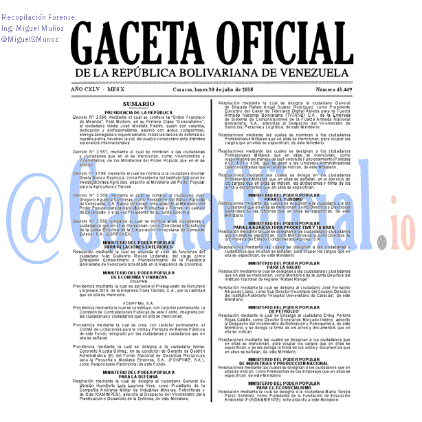 Gaceta Oficial 41449 del 30 julio 2018 Gaceta Oficial 41449 del 30 julio 2018