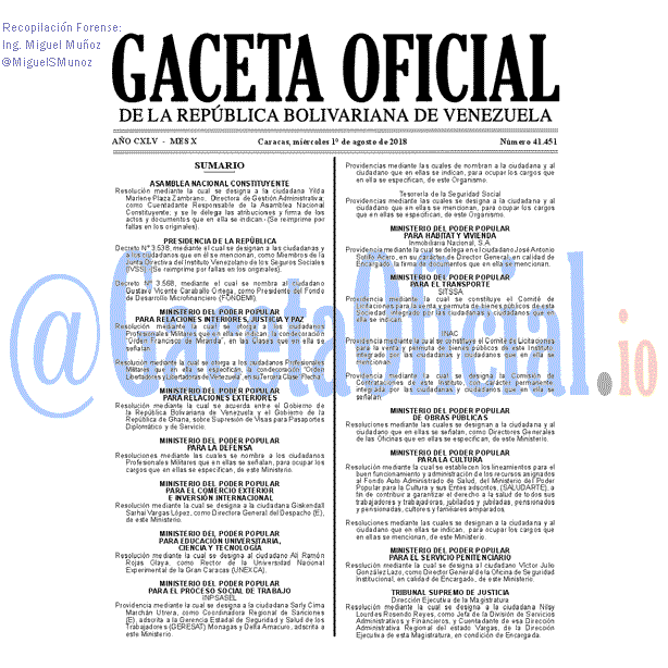 Gaceta Oficial 41451 del 1 Agosto 2018 Gaceta Oficial 41451 del 1 Agosto 2018
