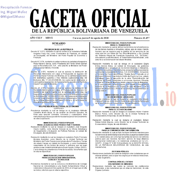 Gaceta Oficial 41457 del 9 Agosto 2018 Gaceta Oficial 41457 del 9 Agosto 2018