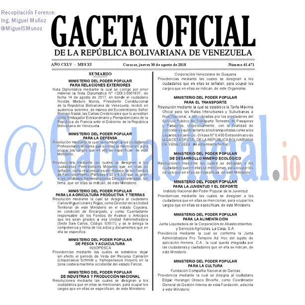 Gaceta Oficial 41471 del 30 Agosto 2018 Gaceta Oficial 41471 del 30 Agosto 2018