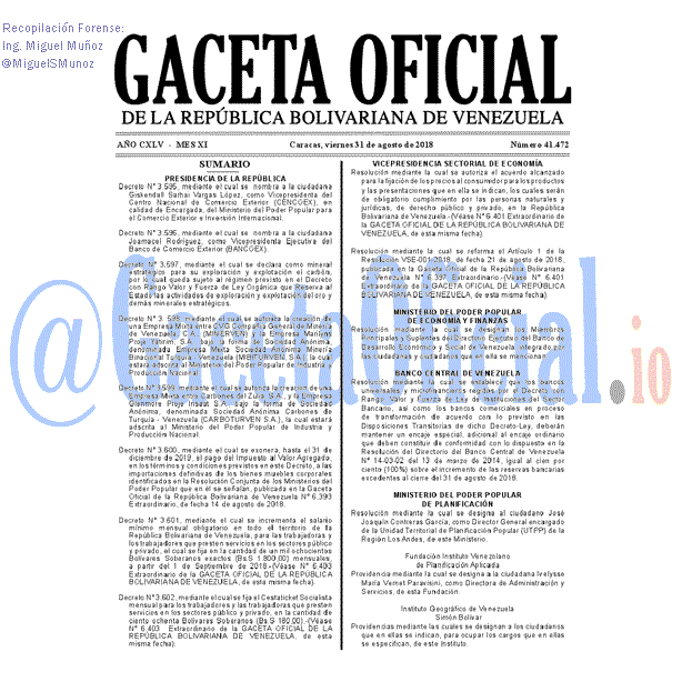 Gaceta Oficial 41472 del 31 Agosto 2018 Gaceta Oficial 41472 del 31 Agosto 2018