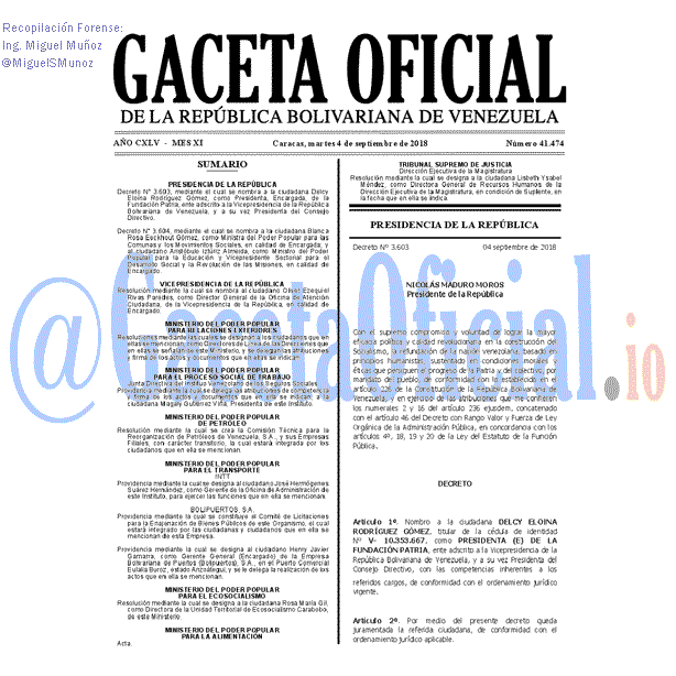 Gaceta Oficial 41474 del 4 Septiembre 2018 Gaceta Oficial 41474 del 4 Septiembre 2018