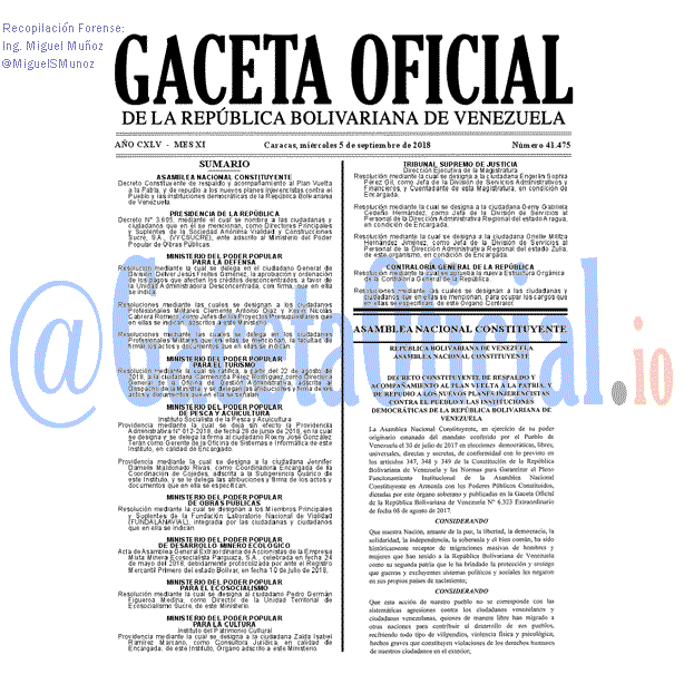 Gaceta Oficial 41475 del 5 Septiembre 2018 Gaceta Oficial 41475 del 5 Septiembre 2018