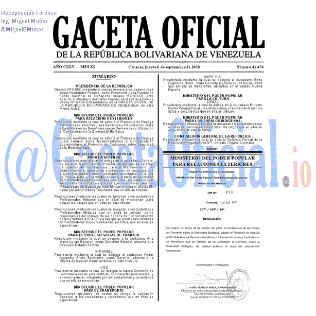 Gaceta Oficial 41476 del 6 Septiembre 2018 Gaceta Oficial 41476 del 6 Septiembre 2018