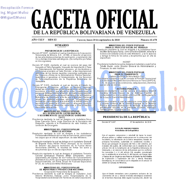 Gaceta Oficial 41478 del 10 Septiembre 2018 Gaceta Oficial 41478 del 10 Septiembre 2018
