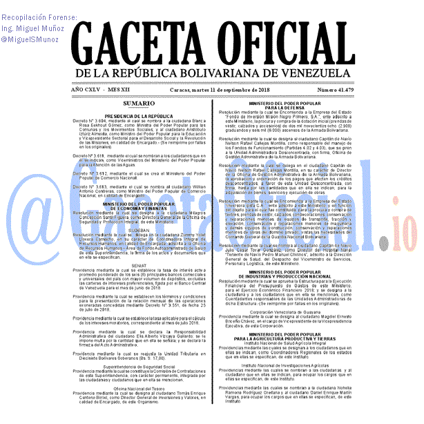 Gaceta Oficial 41479 del 11 Septiembre 2018 Gaceta Oficial 41479 del 11 Septiembre 2018