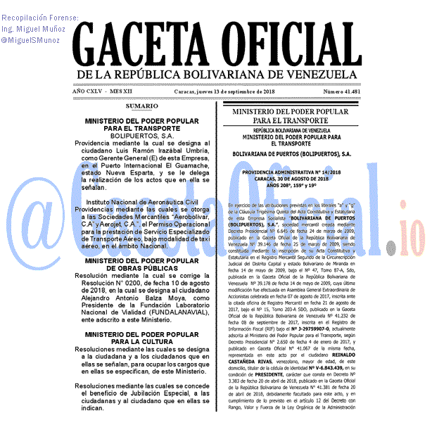 Gaceta Oficial 41481 del 13 septiembre 2018 Gaceta Oficial 41481 del 13 septiembre 2018