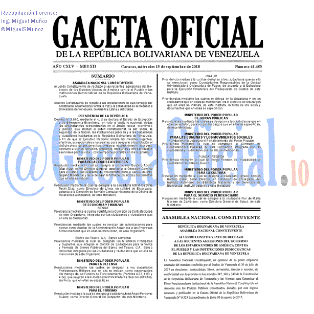 Gaceta Oficial 41485 del 19 Septiembre 2018