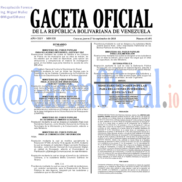 Gaceta Oficial 41491 del 27 Septiembre 2018 Gaceta Oficial 41491 del 27 Septiembre 2018