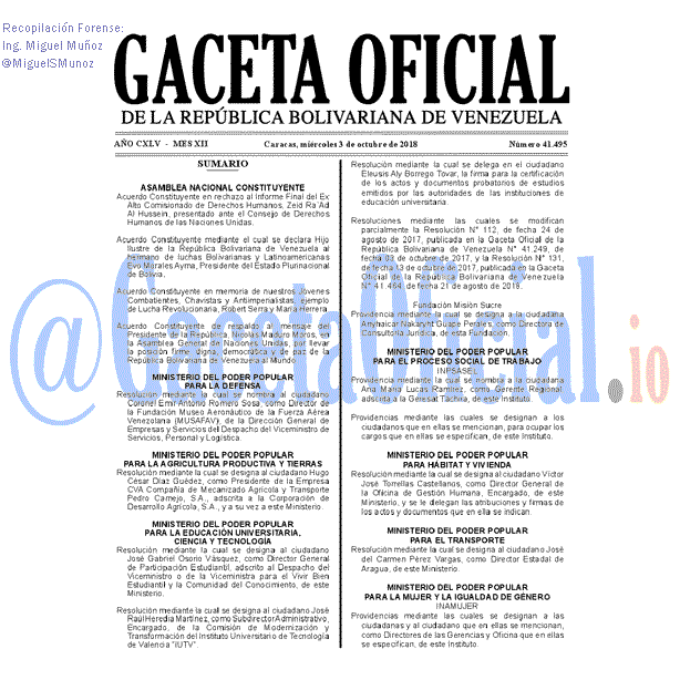 Gaceta Oficial 41495 del 3 Octubre 2018 Gaceta Oficial 41495 del 3 Octubre 2018