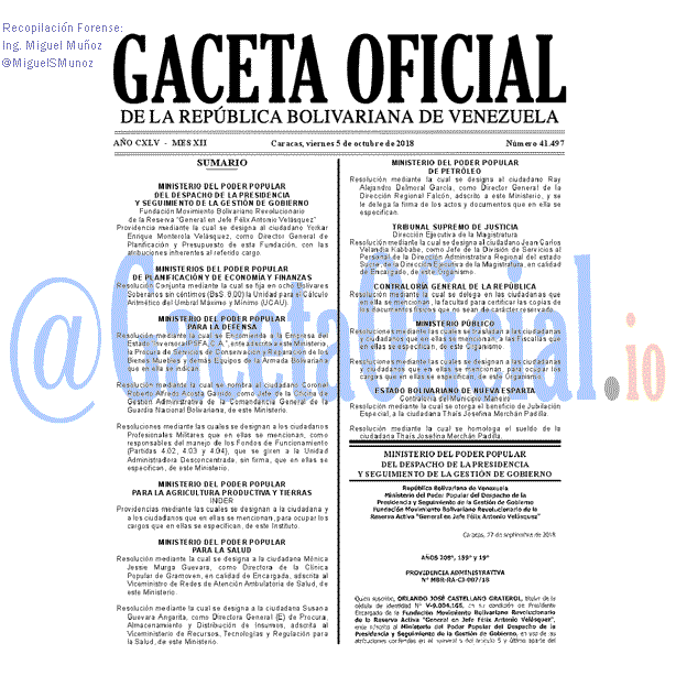 Gaceta Oficial 41497 del 5 Octubre 2018 Gaceta Oficial 41497 del 5 Octubre 2018