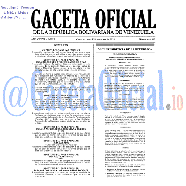 Gaceta Oficial 41502 del 15 Octubre 2018