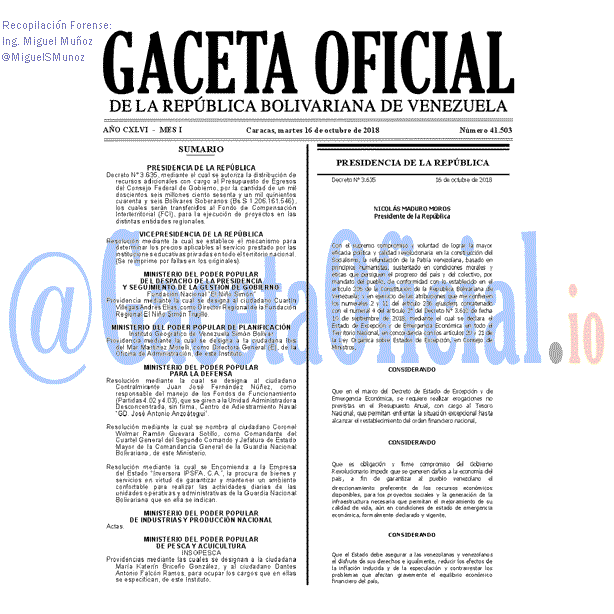 Gaceta Oficial 41503 del 16 Octubre 2018 Gaceta Oficial 41503 del 16 Octubre 2018
