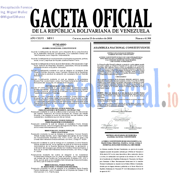 Gaceta Oficial 41508 del 23 Octubre 2018 Gaceta Oficial 41508 del 23 Octubre 2018
