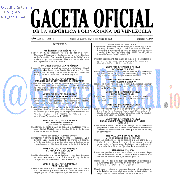 Gaceta Oficial 41509 del 24 Octubre 2018 Gaceta Oficial 41509 del 24 Octubre 2018