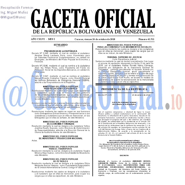 Gaceta Oficial 41511 del 26 Octubre 2018