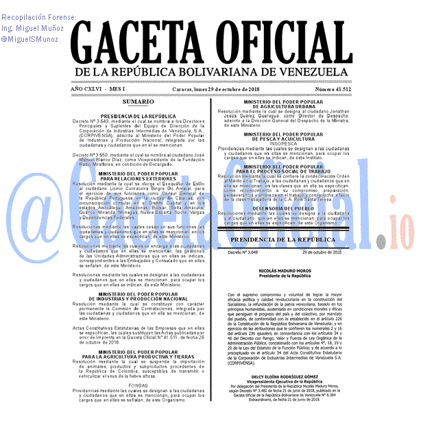 Gaceta Oficial 41512 del 29 Octubre 2018