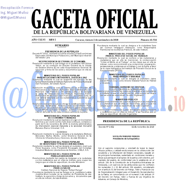 Gaceta Oficial 41516 del 2 Noviembre 2018