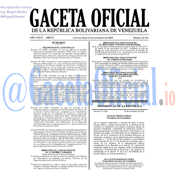 Gaceta Oficial 41522 del 12 Noviembre 2018 Gaceta Oficial 41522 del 12 Noviembre 2018