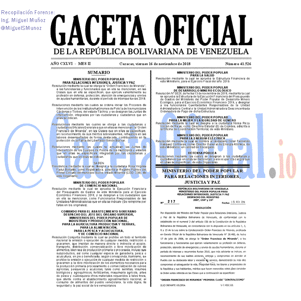 Gaceta Oficial 41526 del 16 Noviembre 2018 Gaceta Oficial 41526 del 16 Noviembre 2018