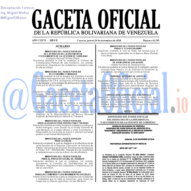 Gaceta Oficial 41535 del 29 Noviembre 2018 Gaceta Oficial 41535 del 29 Noviembre 2018