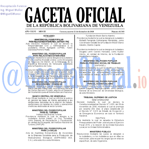 Gaceta Oficial 41543 del 11 Diciembre 2018 Gaceta Oficial 41543 del 11 Diciembre 2018