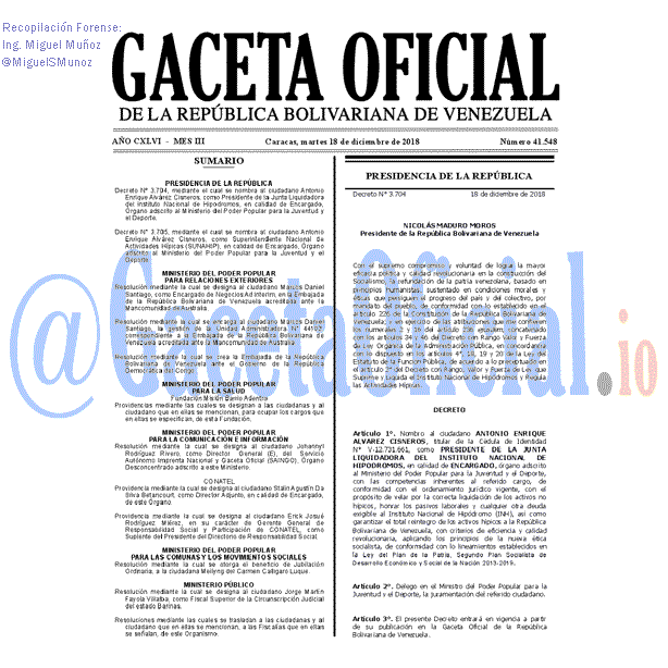 Gaceta Oficial 41548 del 18 Diciembre 2018 Gaceta Oficial 41548 del 18 Diciembre 2018