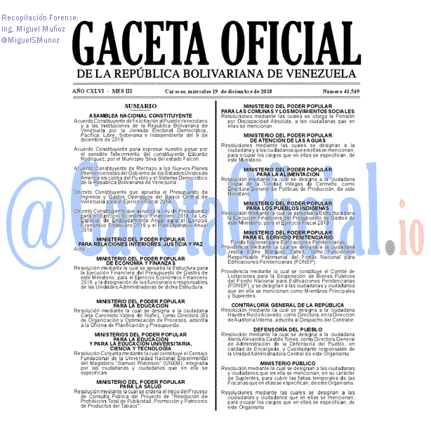 Gaceta Oficial 41549 del 19 Diciembre 2018 Gaceta Oficial 41549 del 19 Diciembre 2018