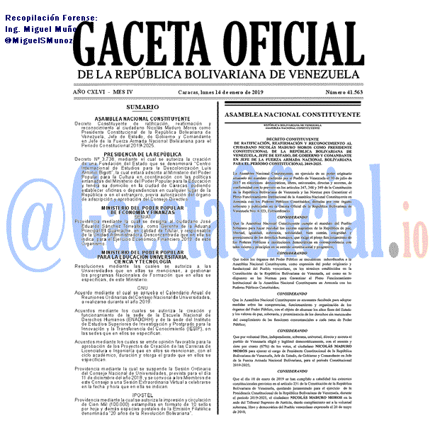 Gaceta Oficial 41563 del 14 Enero 2019
