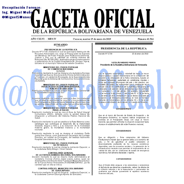 Gaceta Oficial 41564 del 15 Enero 2019